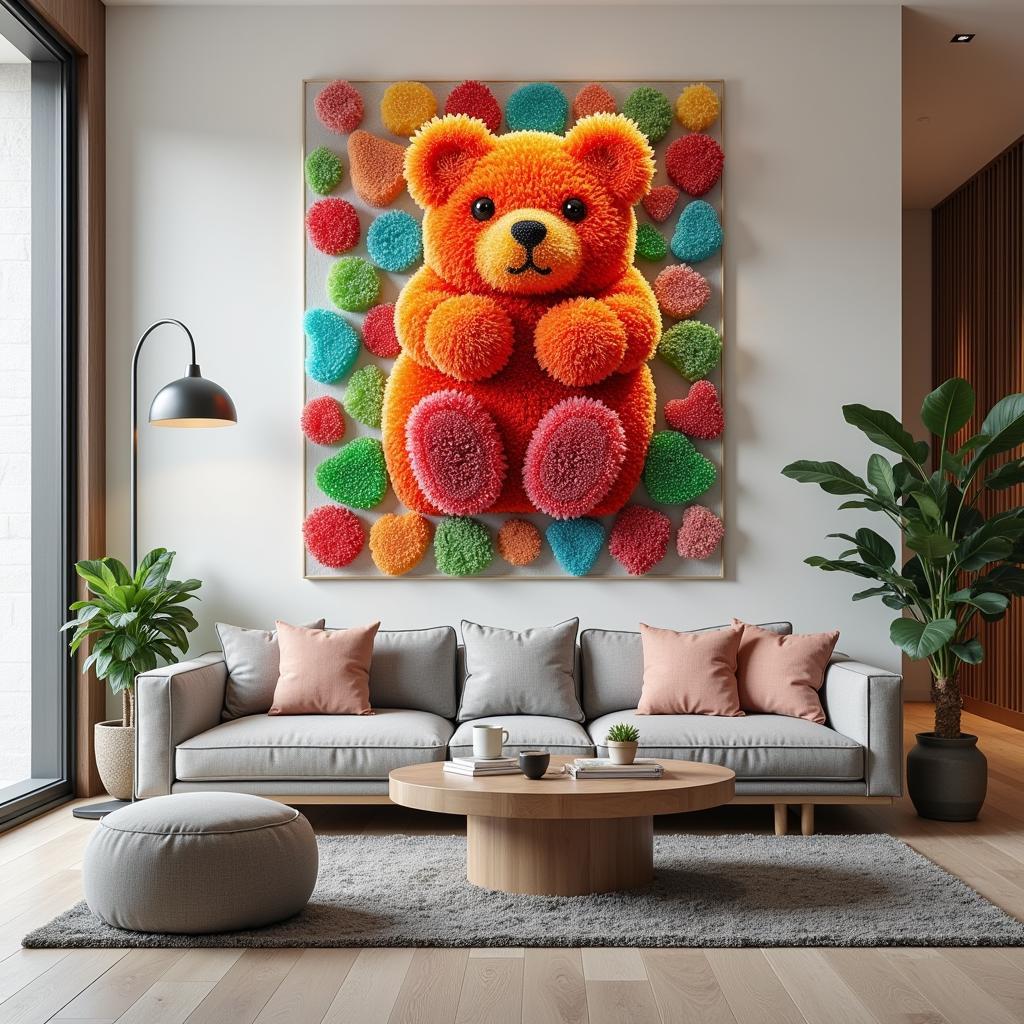 Gummy bear wall art in a modern living room