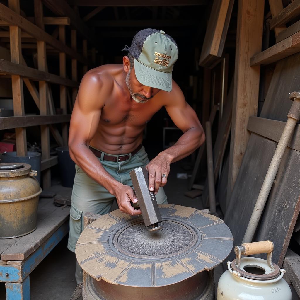 A Haitian artisan meticulously crafting a piece of oil drum art.