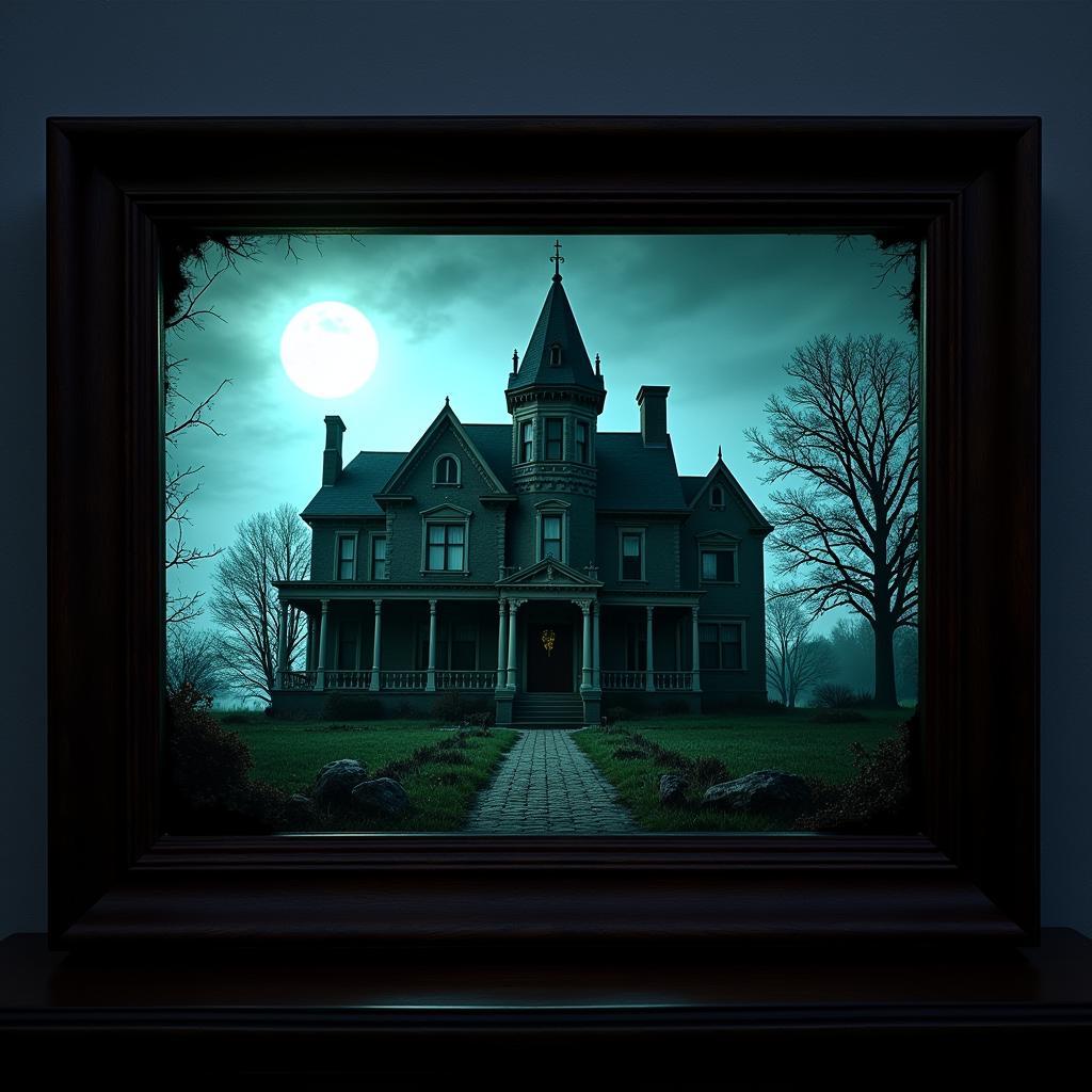 A Frame TV displaying a realistic image of a haunted house at night, with a full moon in the background.