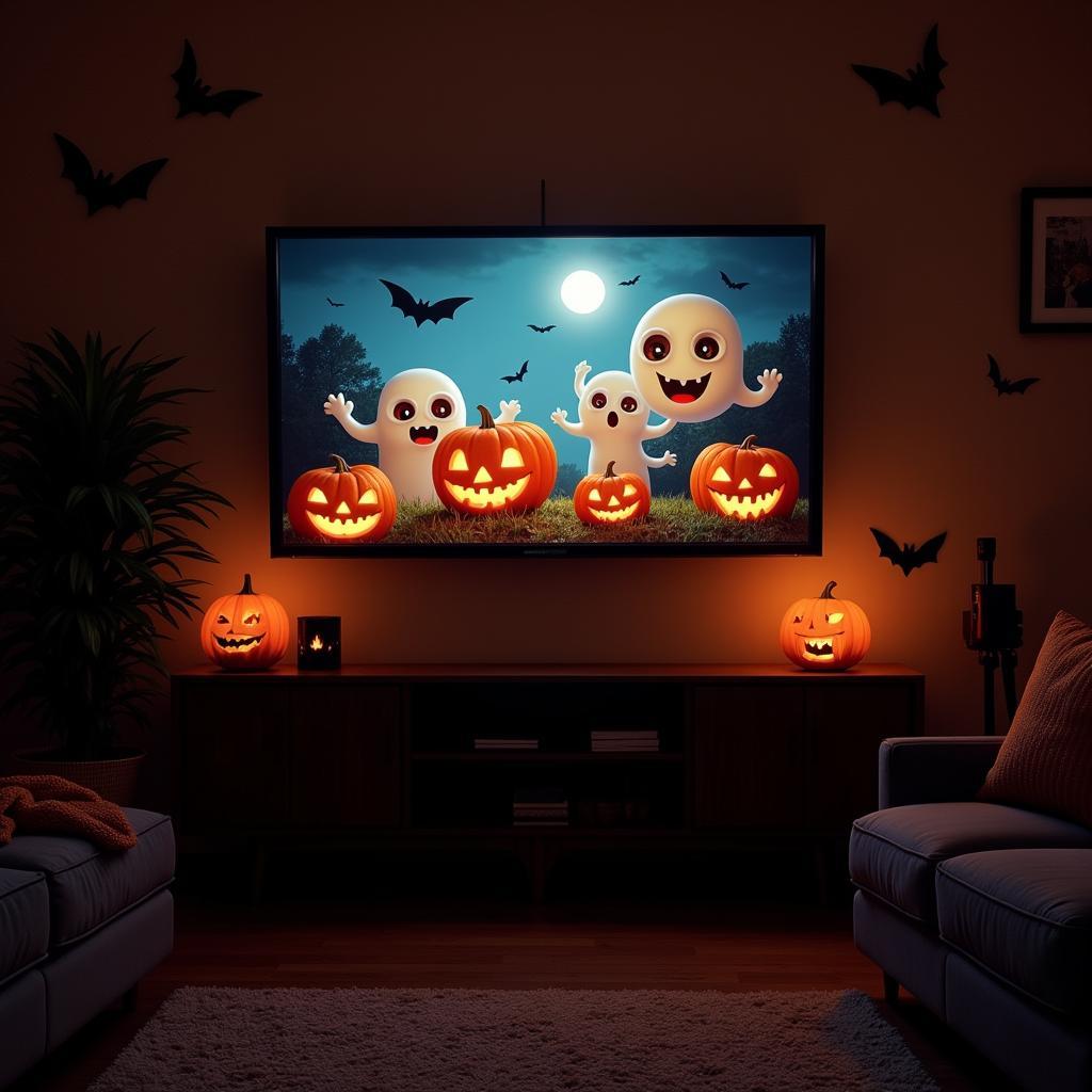 Spooky Halloween art displayed on a Frame TV in a dimly lit living room, featuring ghosts, pumpkins, and bats.