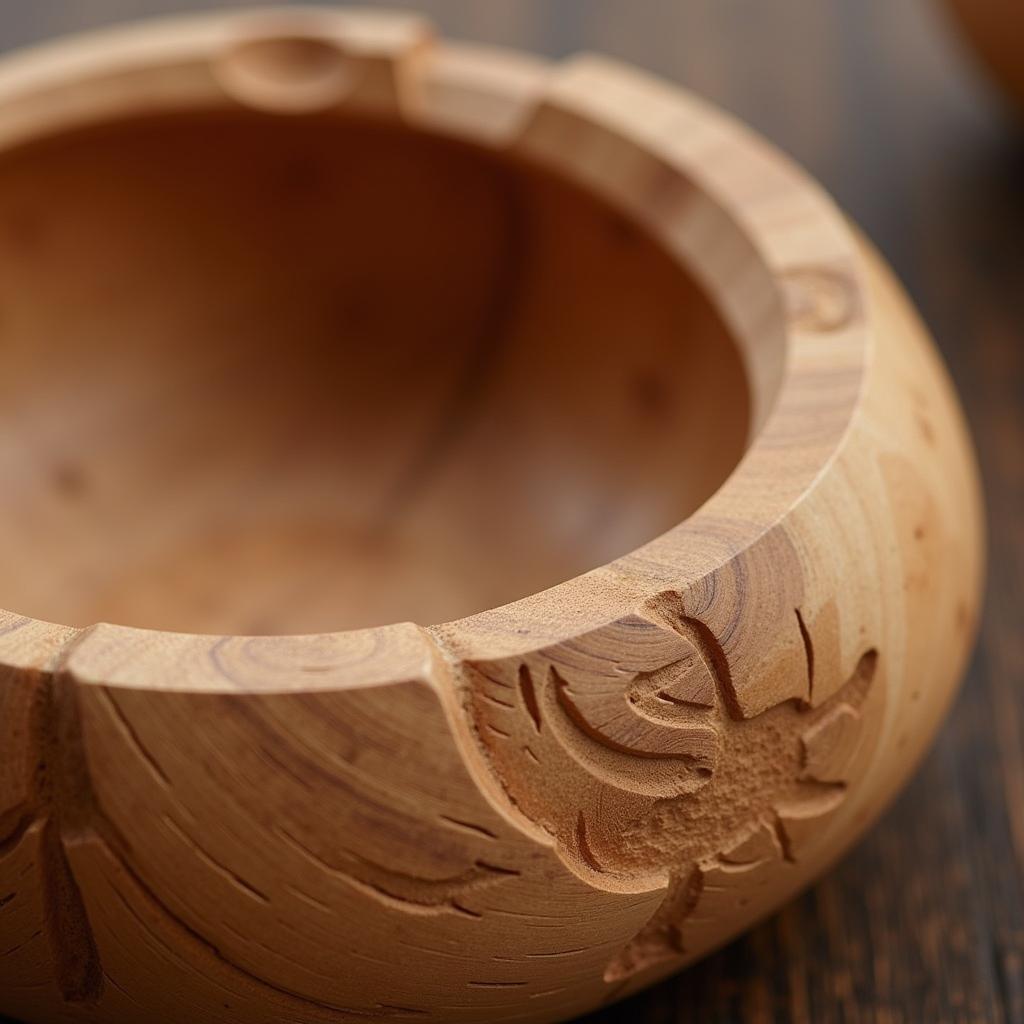 Detailed view of a hand-carved olive wood bowl