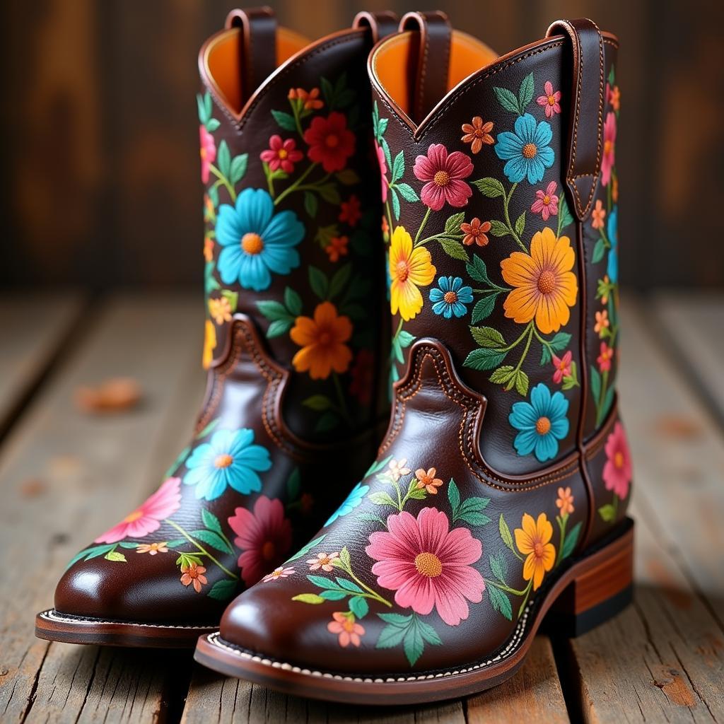 Hand-painted art boots featuring vibrant floral designs