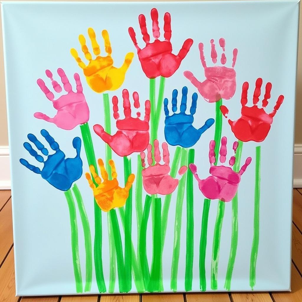 A canvas painting of a colorful handprint flower bouquet