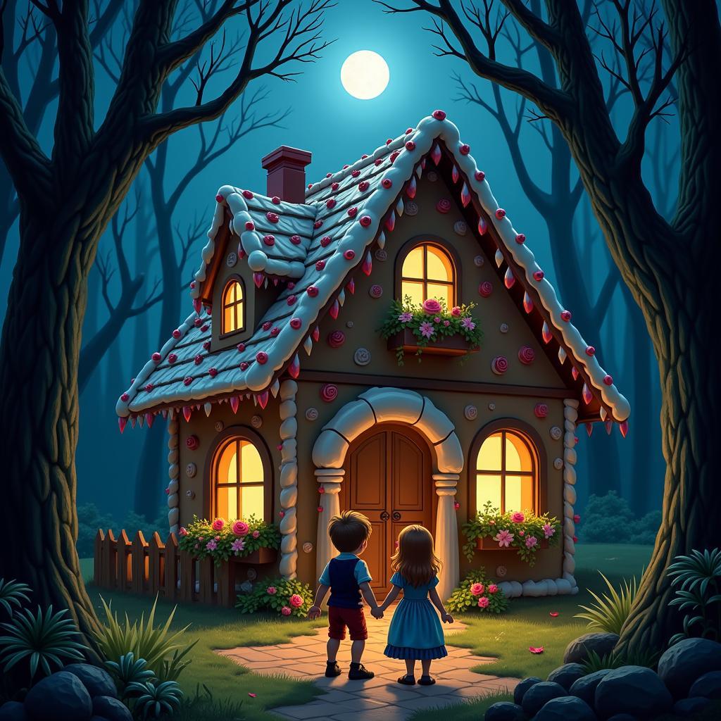 Digital painting of Hansel and Gretel encountering the witch's house in the forest