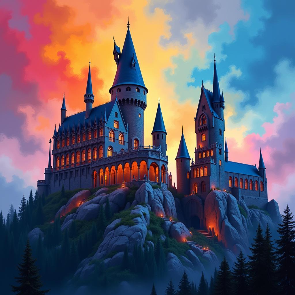 Abstract painting of Hogwarts Castle in vibrant colors