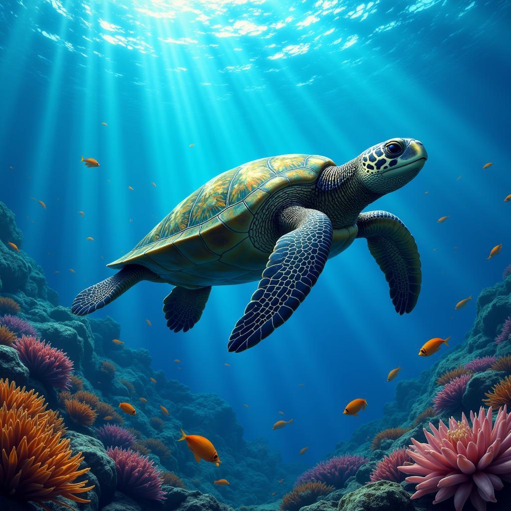 Hawaiian Sea Turtle Digital Art: A vibrant depiction of a honu swimming through a coral reef, showcasing the beauty and intricacy of digital art techniques.