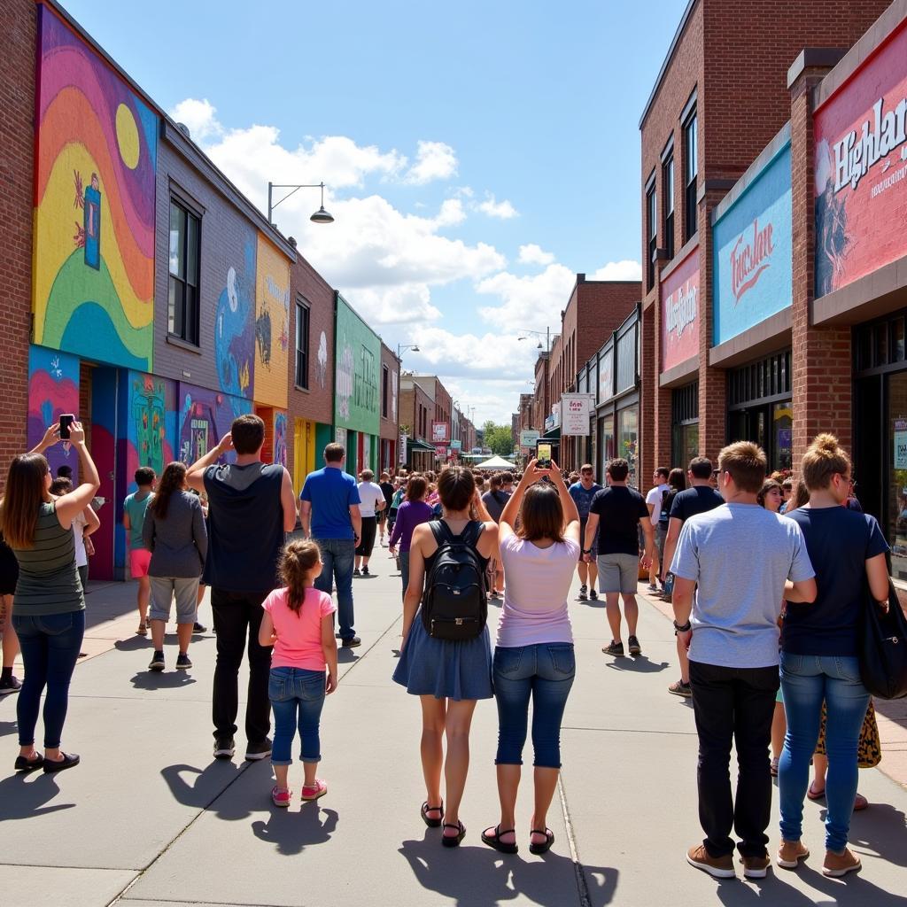 Street art scene from the Highland Art Festival Denver, showcasing vibrant murals and interactive installations.