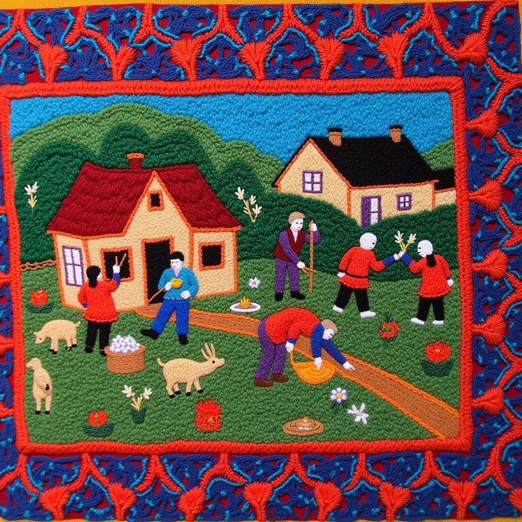 Detailed view of a Hmong story cloth depicting traditional life