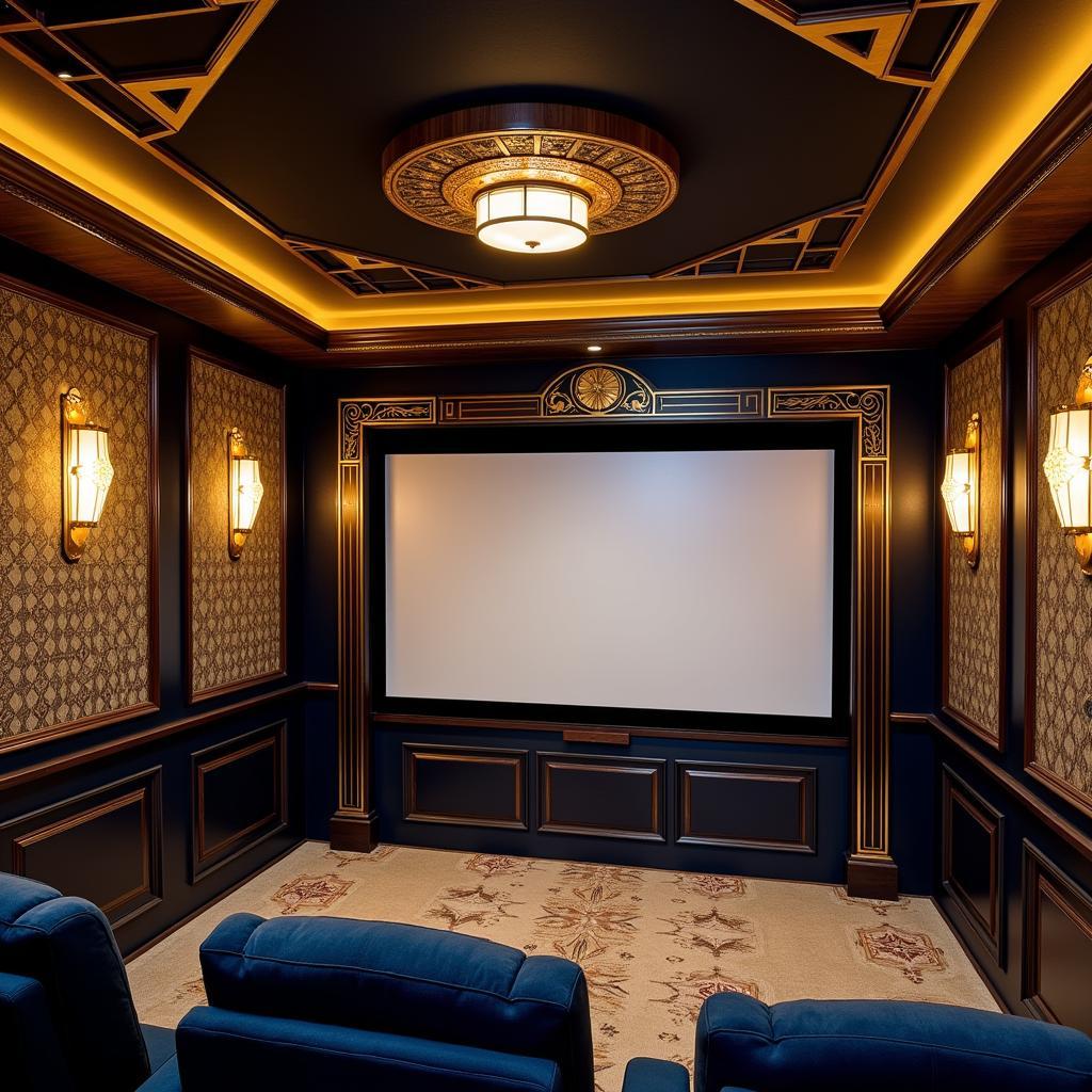 Art Deco design for a home cinema, featuring geometric patterns and bold colors.