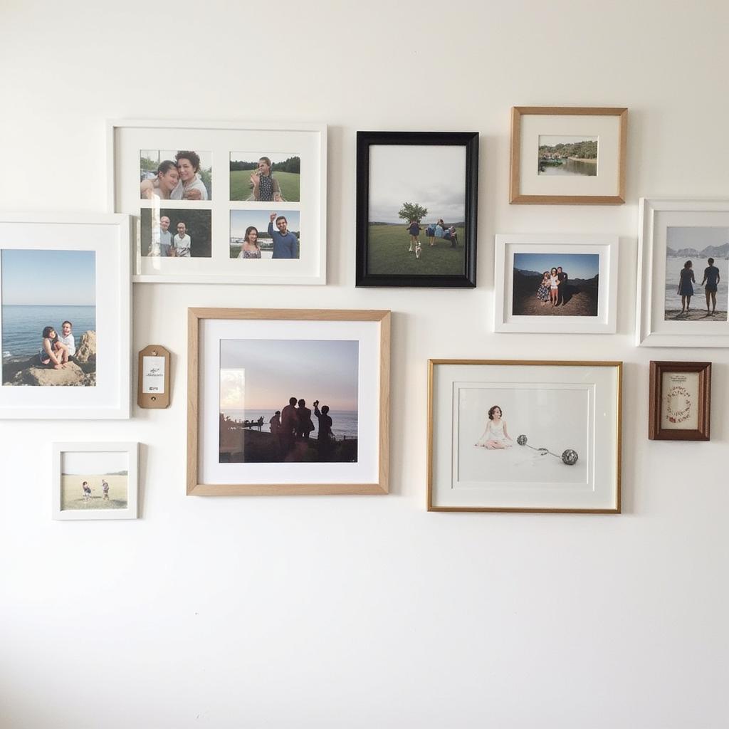 A gallery wall featuring various sizes of horizontal framed art.