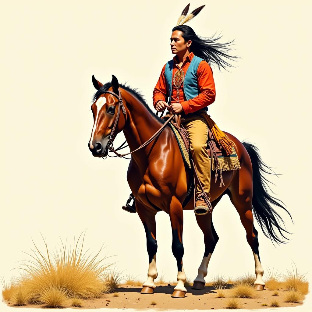 Cheyenne Warrior on Horseback in Ledger Art Style