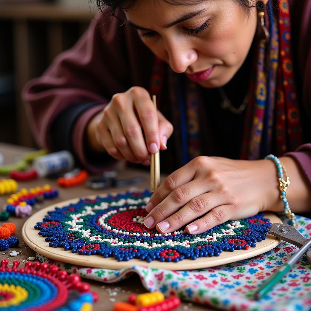 Huichol Artist Creating Beaded Artwork in Nayarit, Mexico