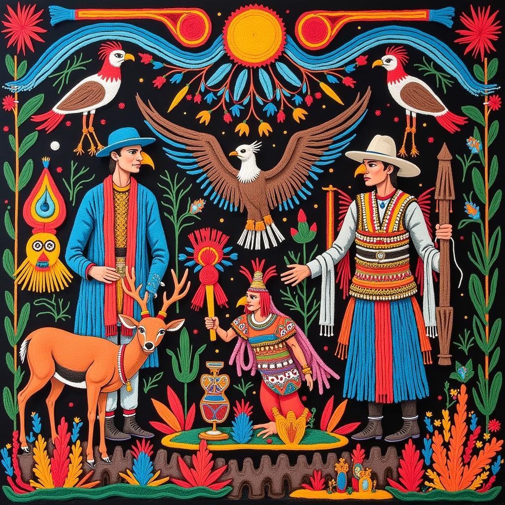 Huichol Yarn Painting Depicting a Traditional Ceremony in Nayarit