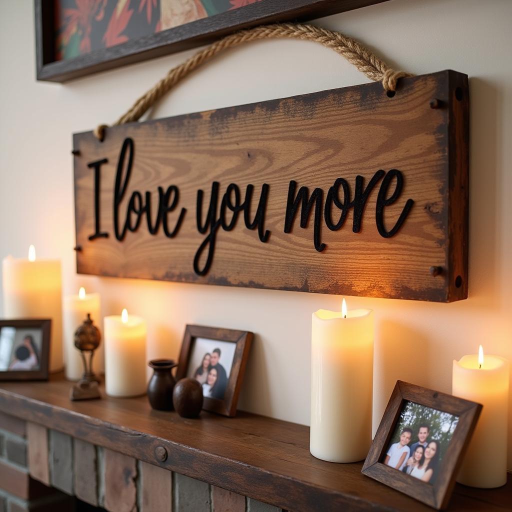 Rustic wooden "I love you more" sign hanging above a fireplace