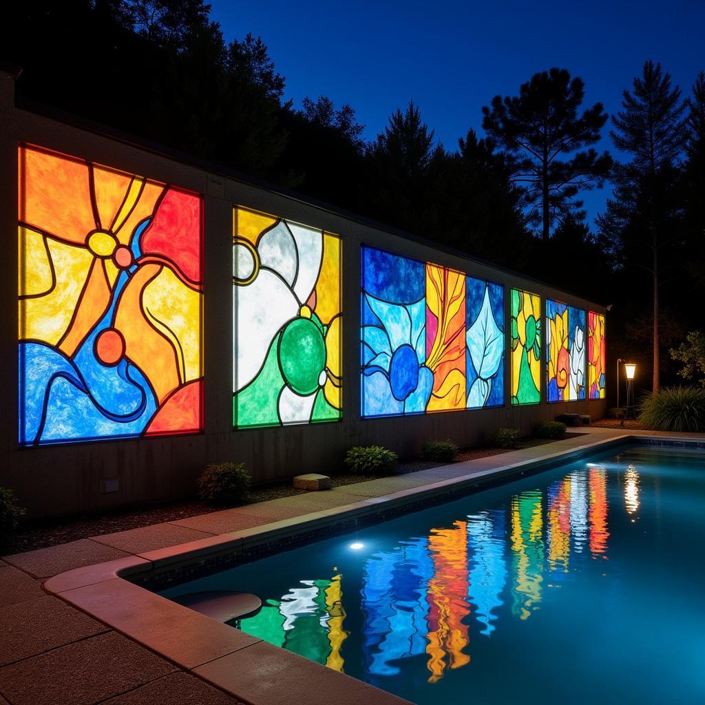 Illuminated glass art panels beside a swimming pool at night.