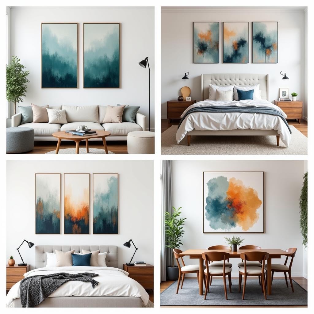 Examples of how to incorporate 3 piece abstract wall art into different home decor styles.