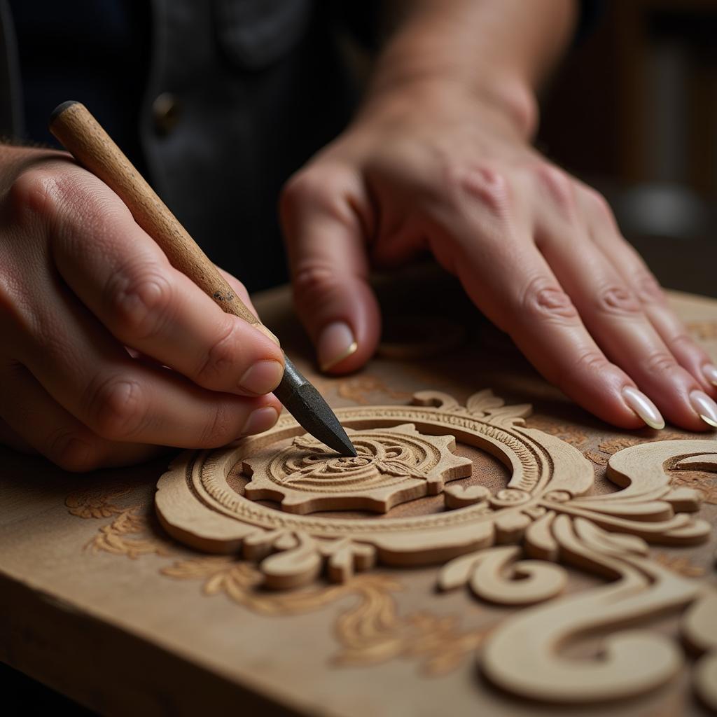 Indian artisan meticulously carving a wooden panel for wall art.