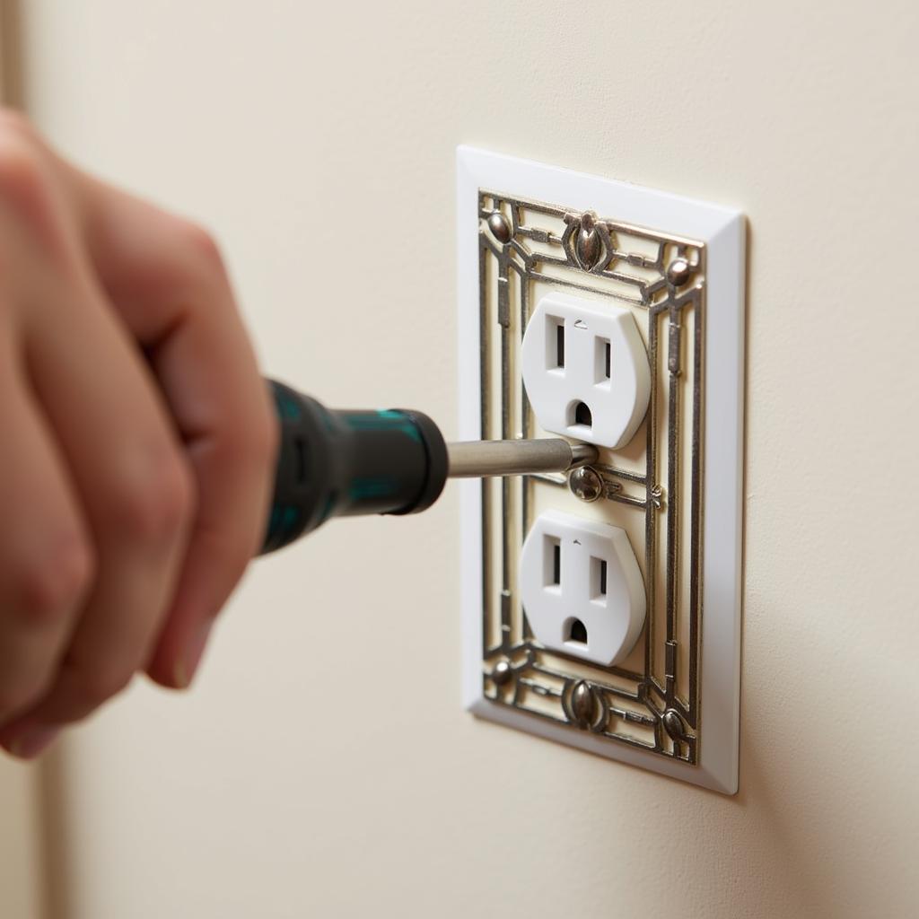 Close-up of a hand installing an art deco outlet cover.