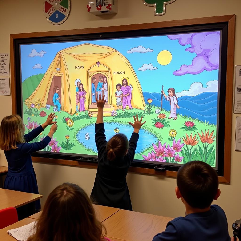 Interactive Mural of Bible Stories: Children touch different parts of a large touchscreen mural depicting scenes from the Bible, triggering animations and audio narrations of the stories.