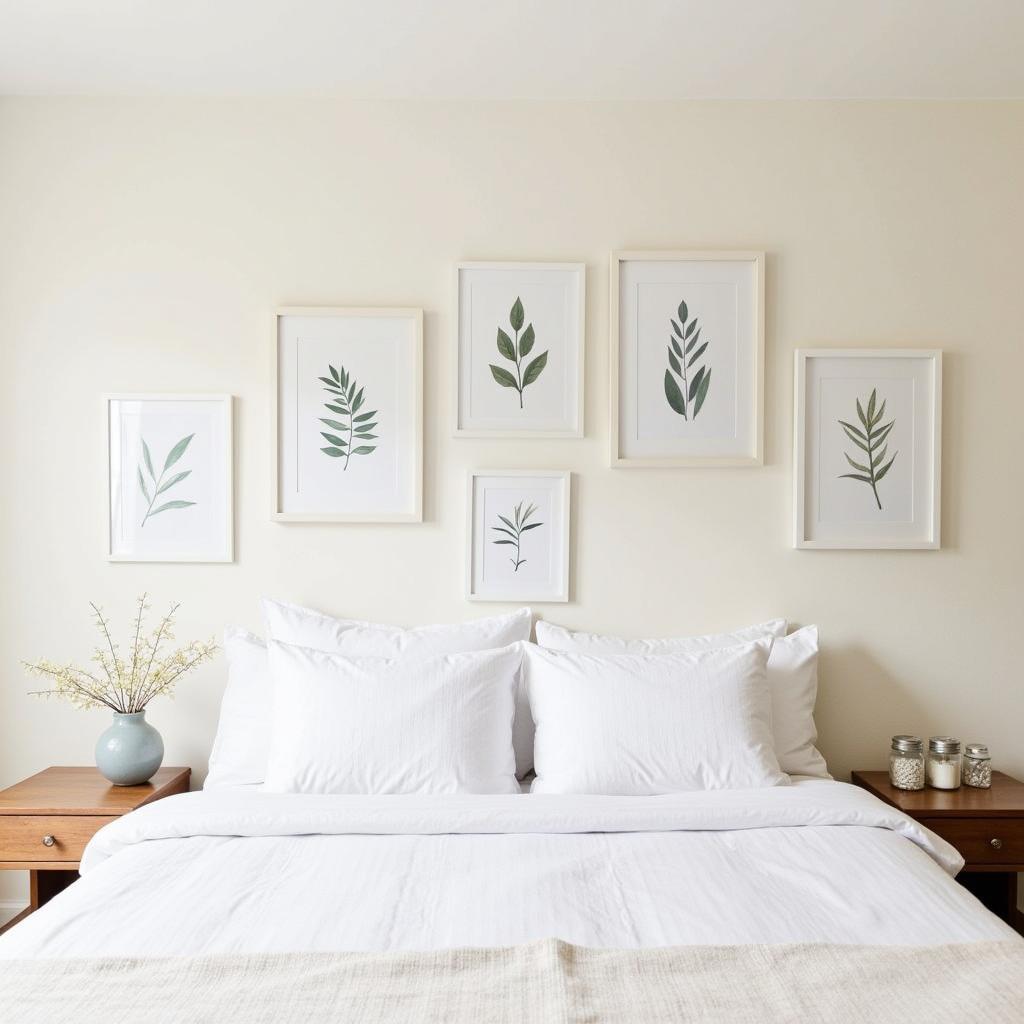 Interchangeable wall art in a cozy bedroom setting with calming botanical prints.