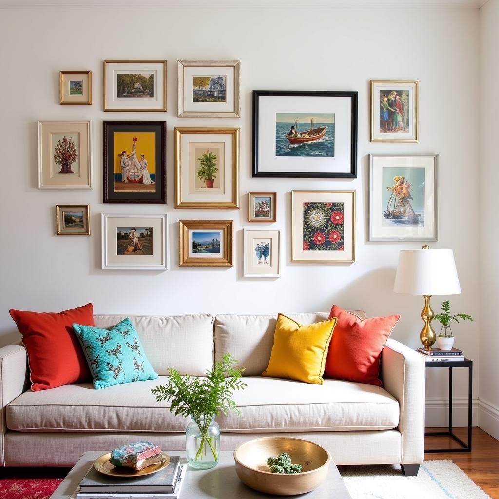 Interchangeable wall art display in a modern living room featuring various artistic styles and frames.