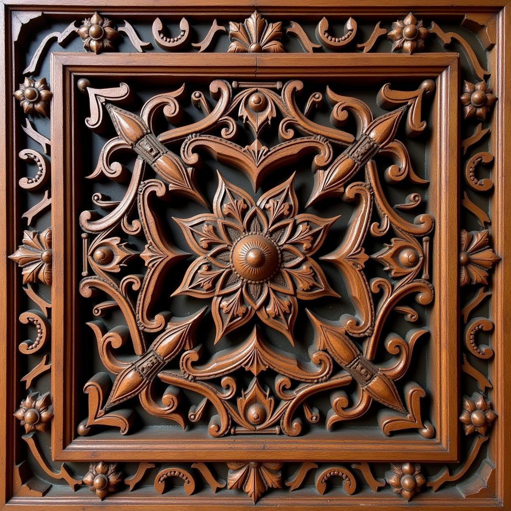 Intricate Indian Wood Carving Wall Art Depicting Traditional Motifs