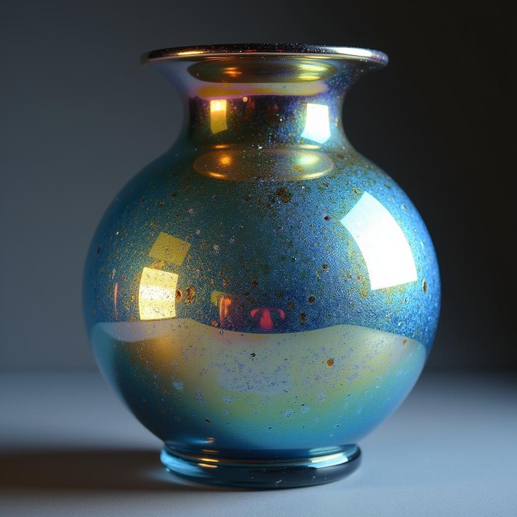 Close-up of an iridescent art glass vase showcasing its vibrant colors and intricate patterns