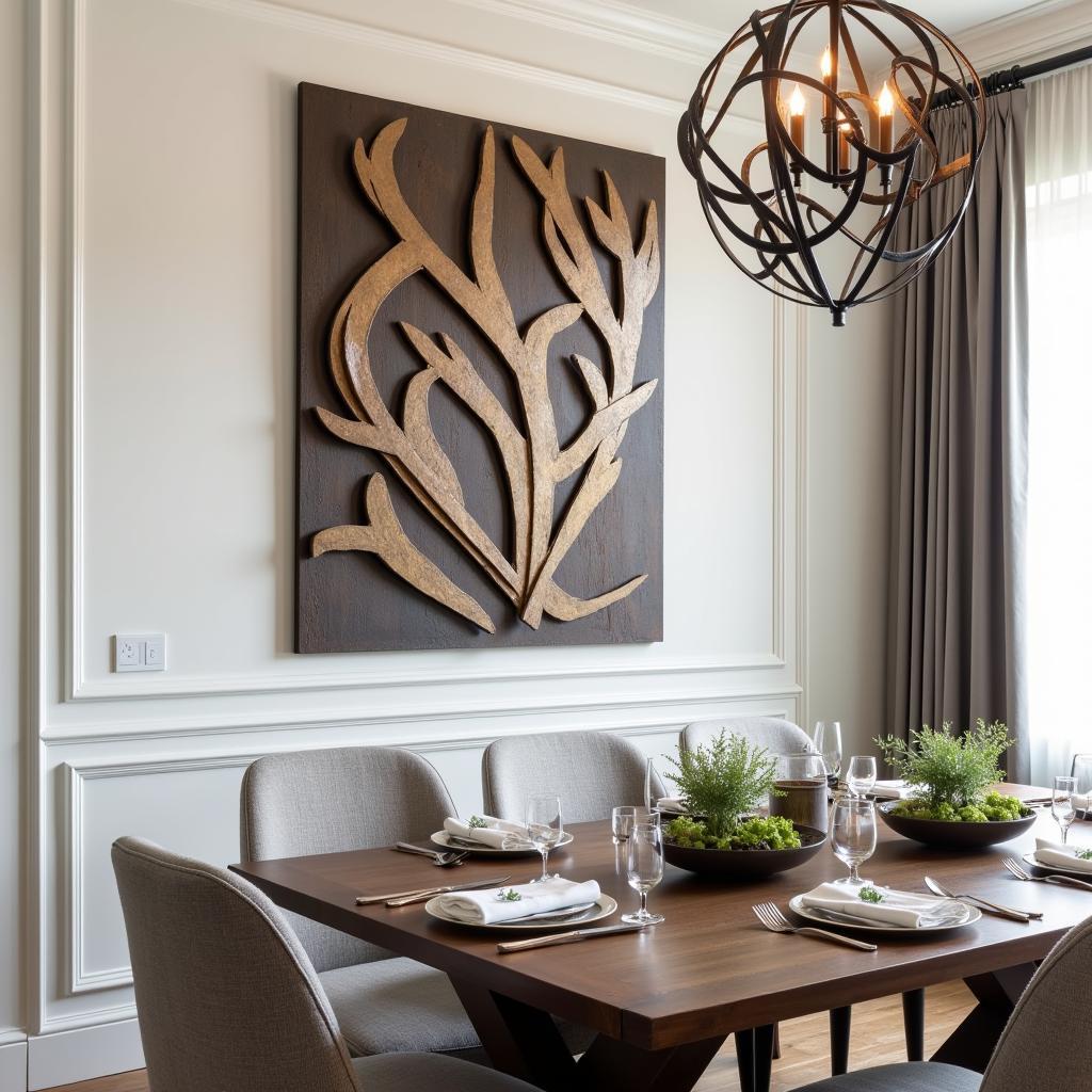 Iron wall sculpture in a dining room