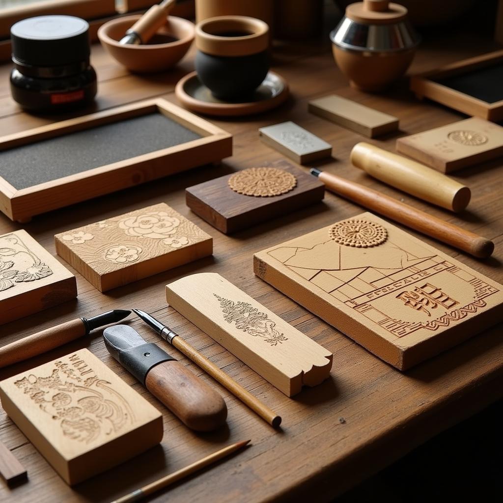 Japanese Woodblock Printing Tools and Materials Display