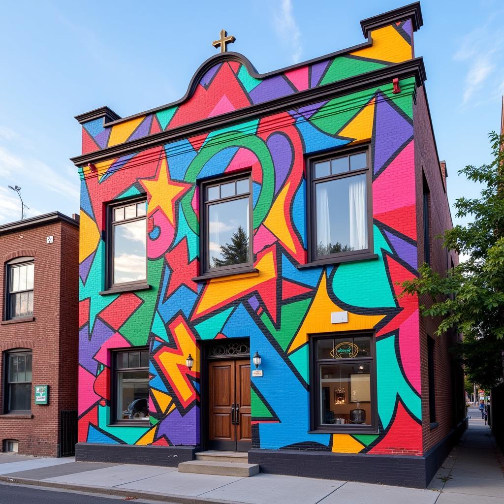 Vibrant mural depicting a synagogue in a pop art style