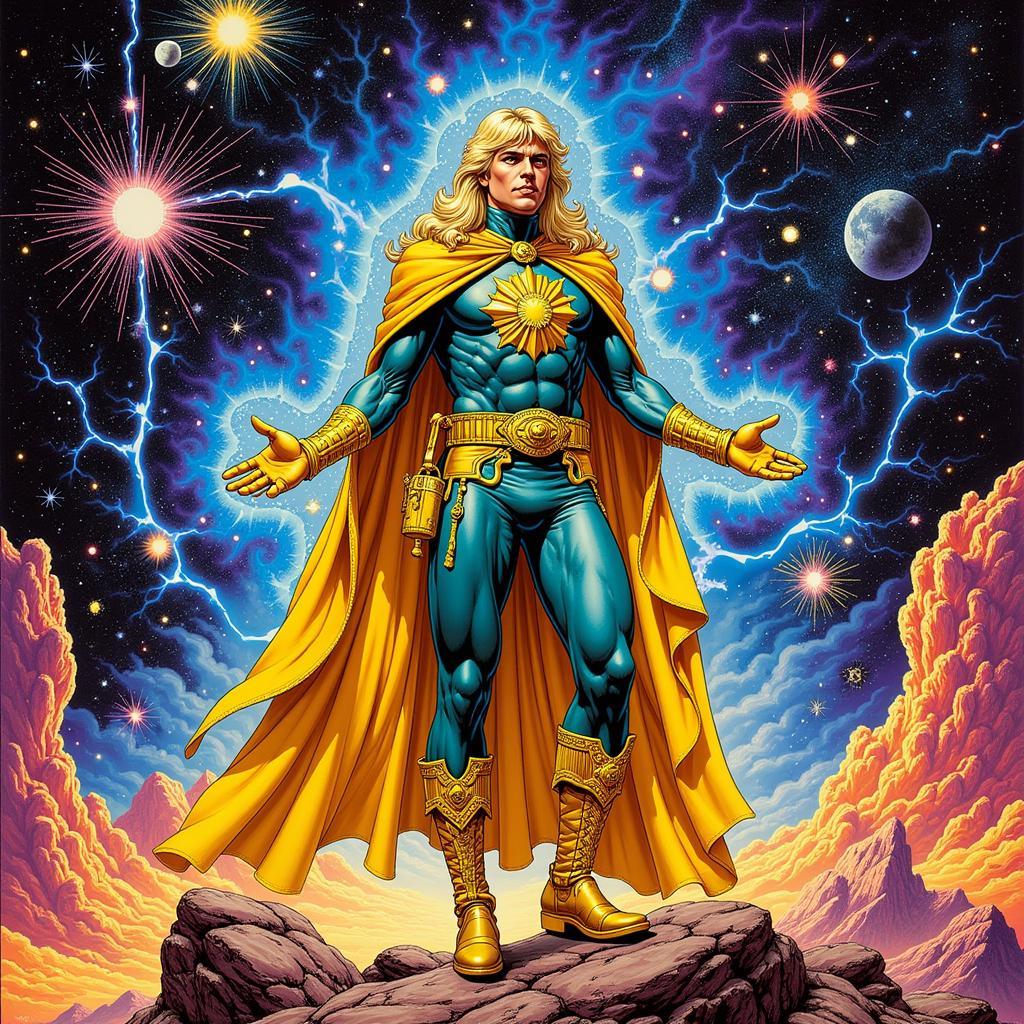 Jim Starlin's Adam Warlock in a cosmic landscape