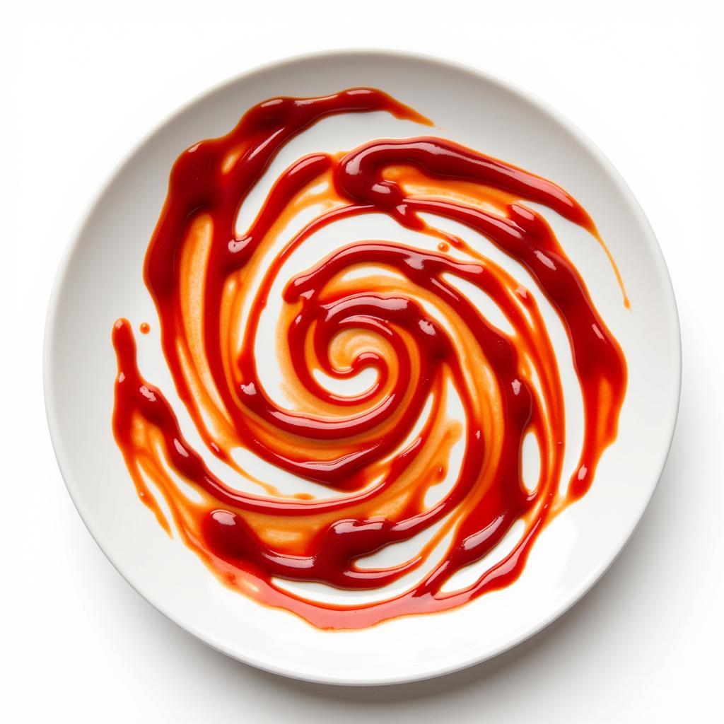 Abstract ketchup art design on a white plate, showcasing swirling patterns and vibrant red color.