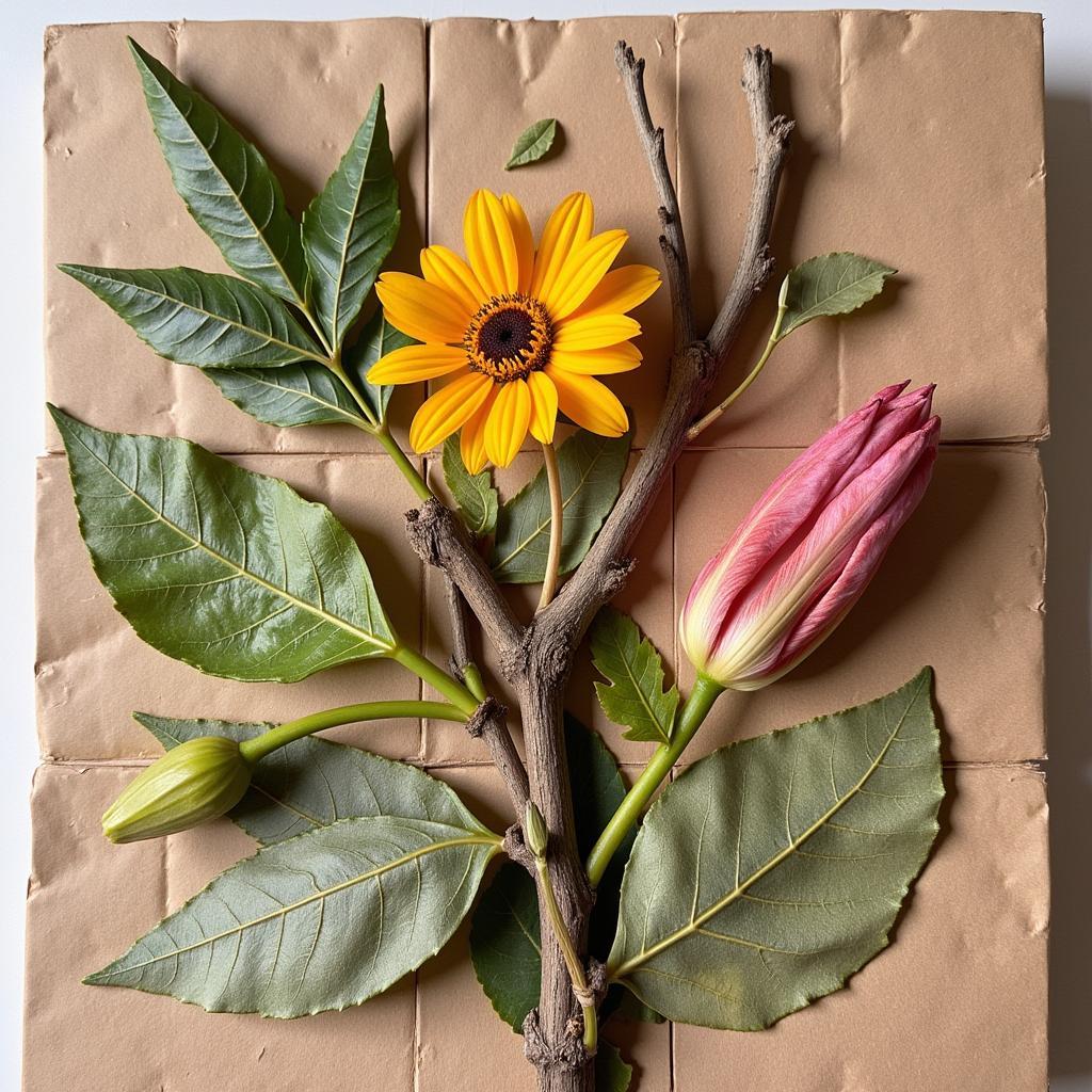 A nature collage created by kindergarten children using flowers and leaves.