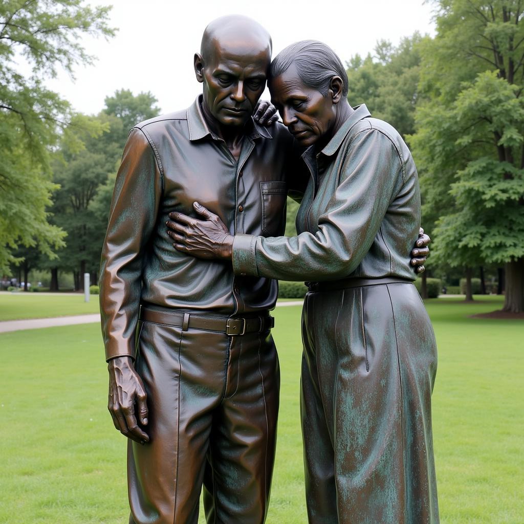 A bronze sculpture of two figures embracing, symbolizing unity and compassion.