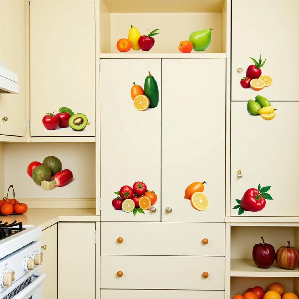 Kitchen wall art decals featuring colorful fruits and vegetables.