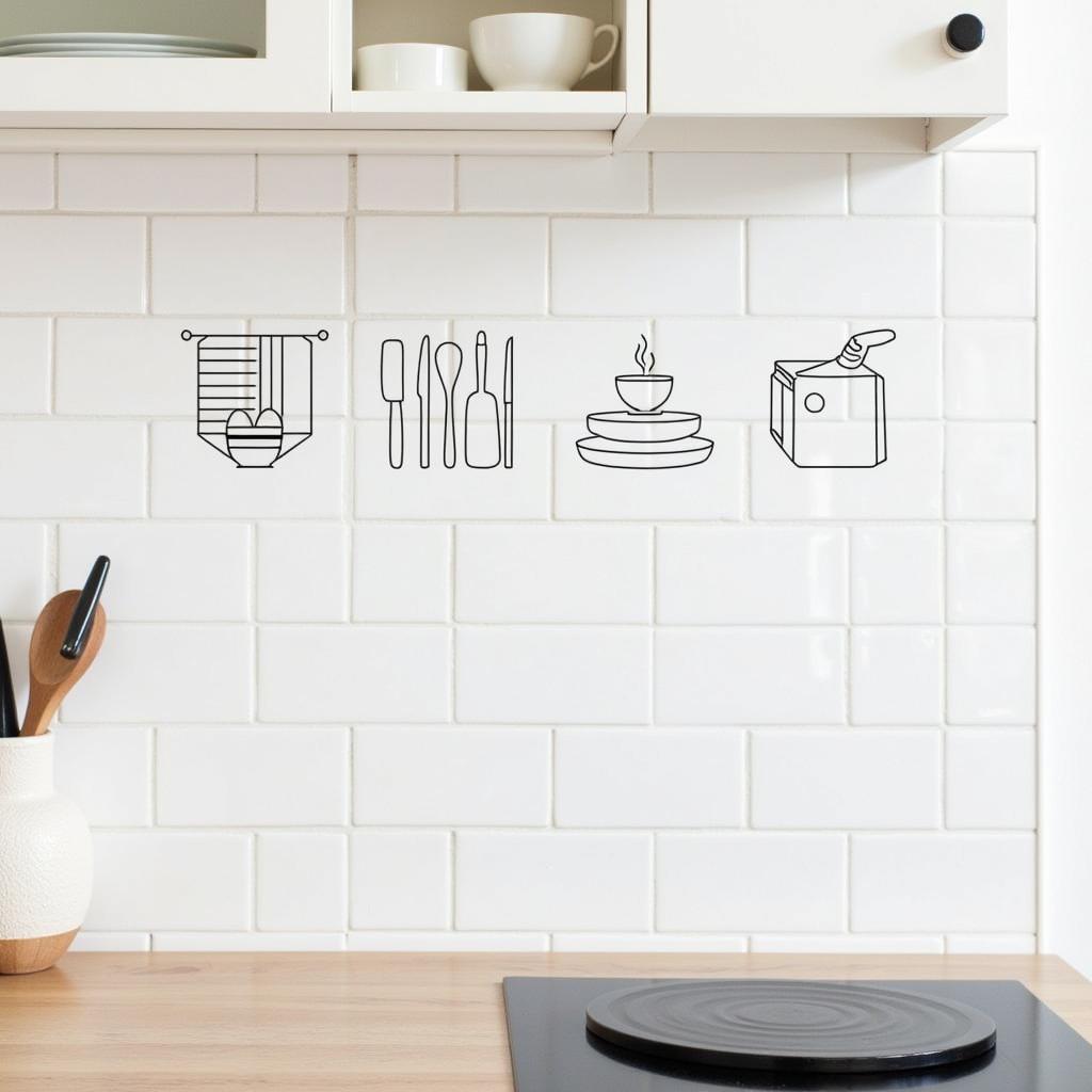 Modern kitchen wall art stickers featuring geometric patterns and minimalist designs