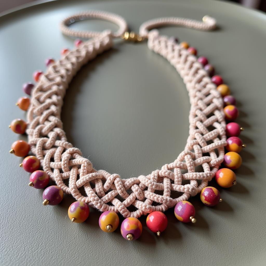 Intricate knotted art jewelry showcasing a macrame necklace