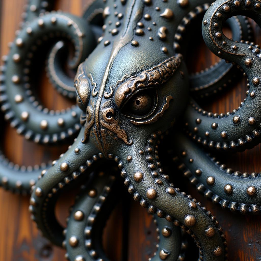 Intricate kraken metal wall art design with swirling tentacles and a menacing glare.