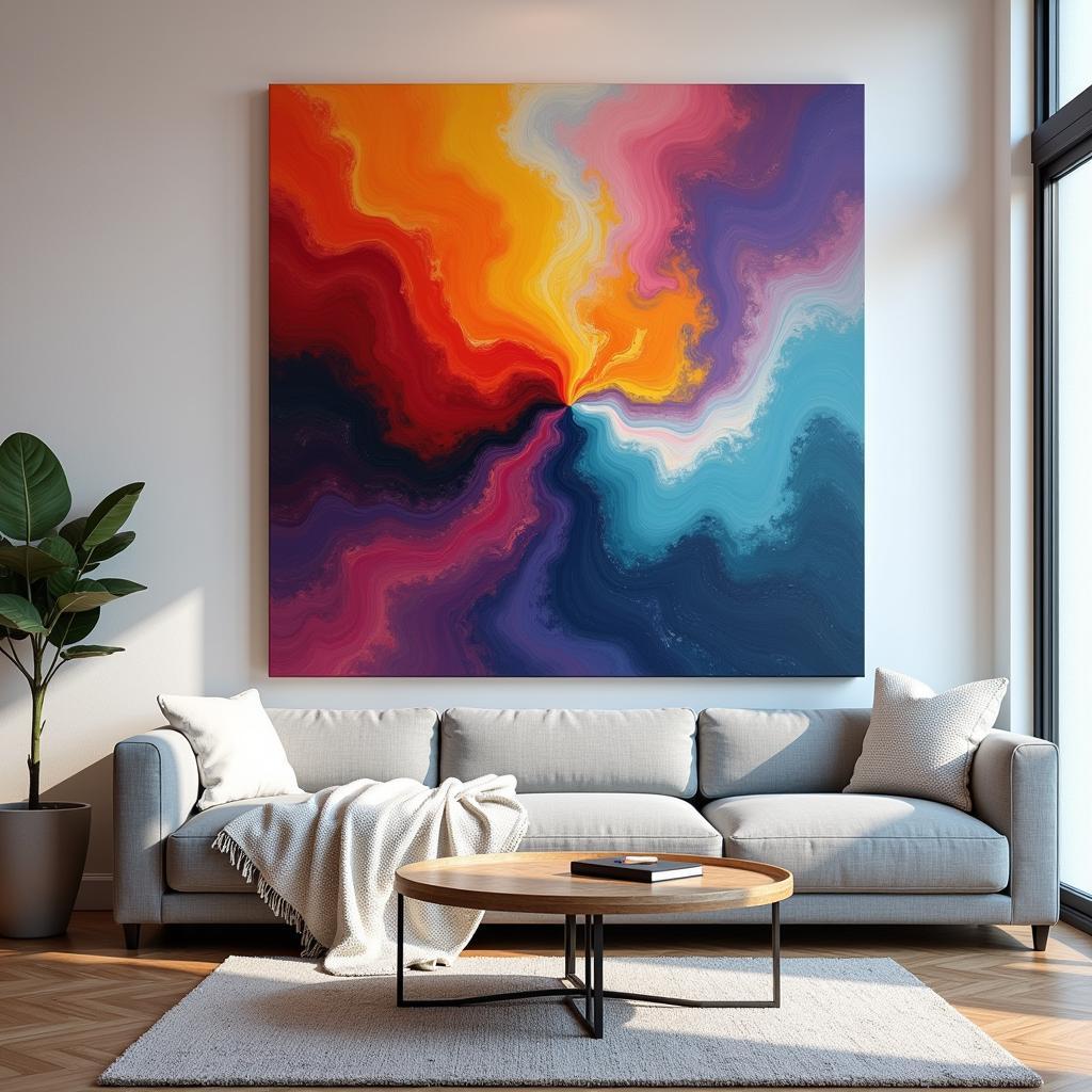 Modern living room featuring a large acrylic wall art piece with abstract design