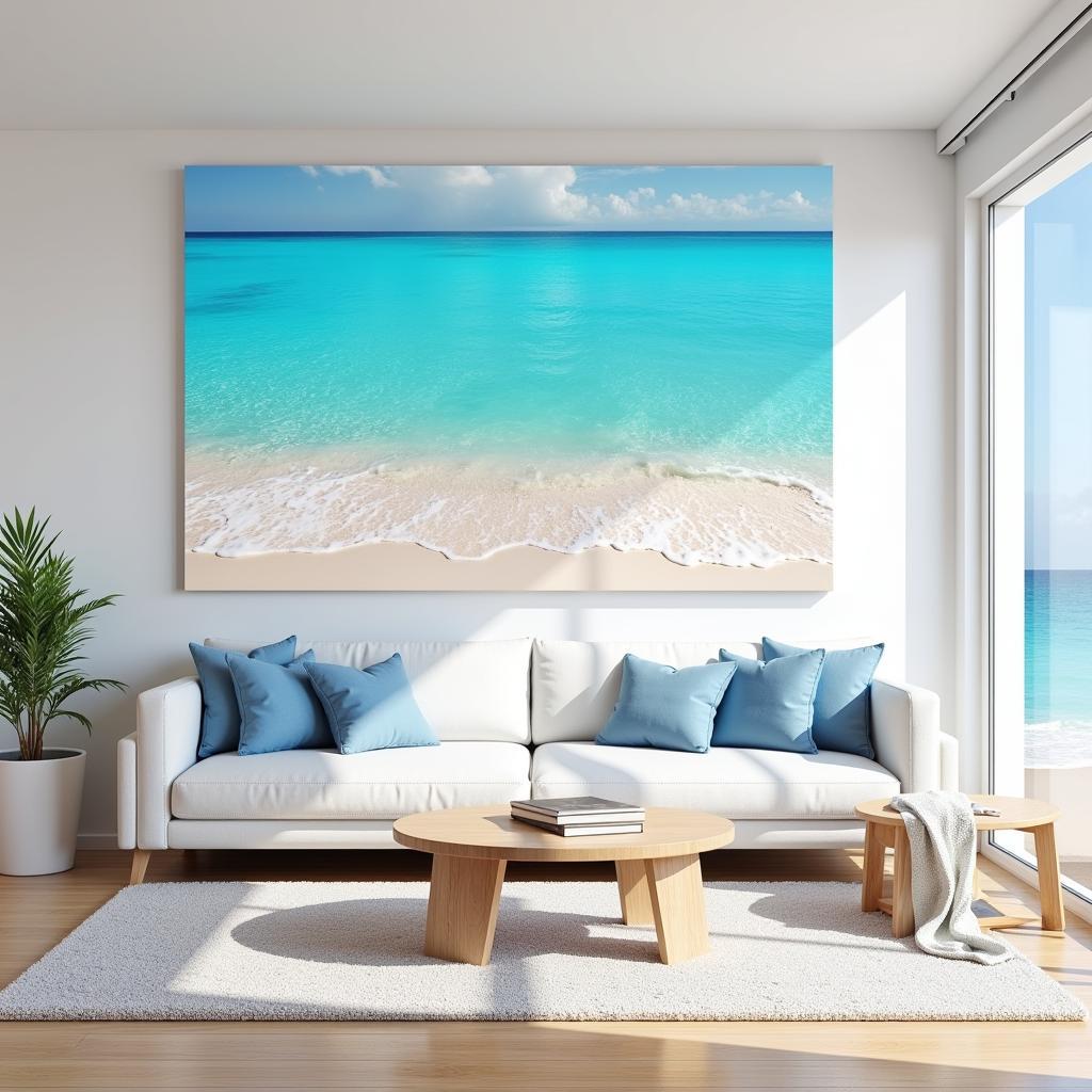 Large beachy wall art in a coastal-themed living room, featuring a seascape painting above a white sofa with blue cushions.