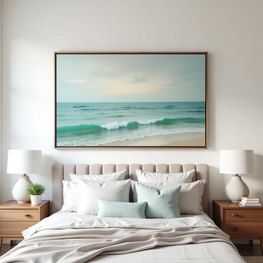 Large horizontal coastal themed wall art in a bedroom