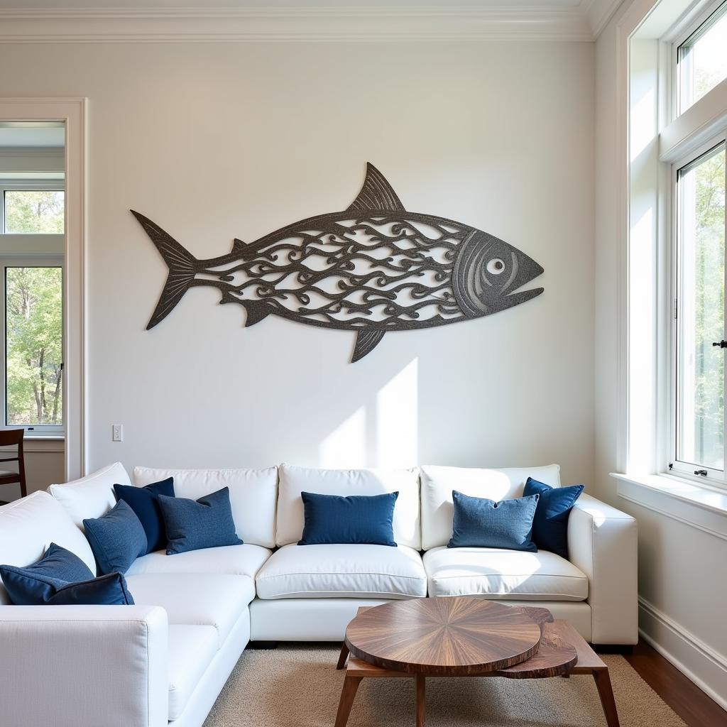 Large coastal metal wall art in a living room setting.