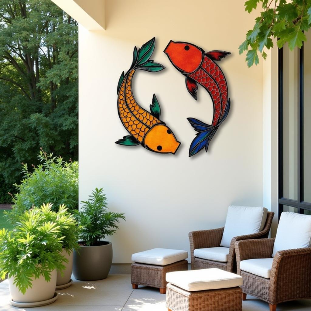 Large Koi Metal Wall Art on Outdoor Patio