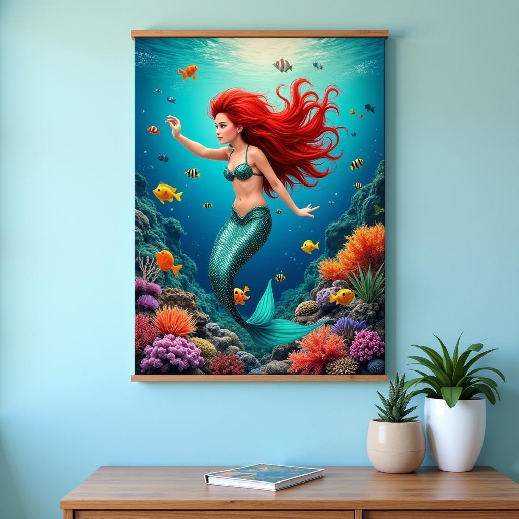 Large canvas print featuring a colorful mermaid surrounded by coral and fish.