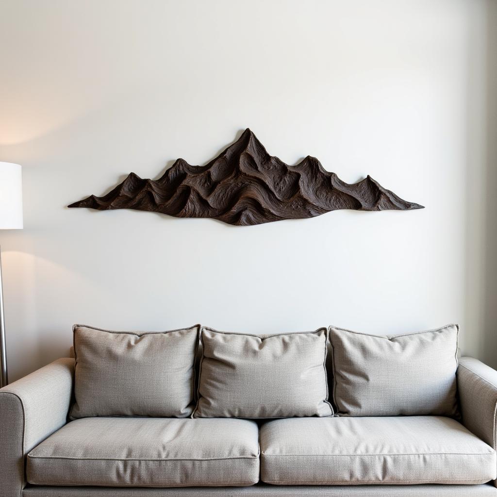 Large metal mountain wall art in a modern living room setting