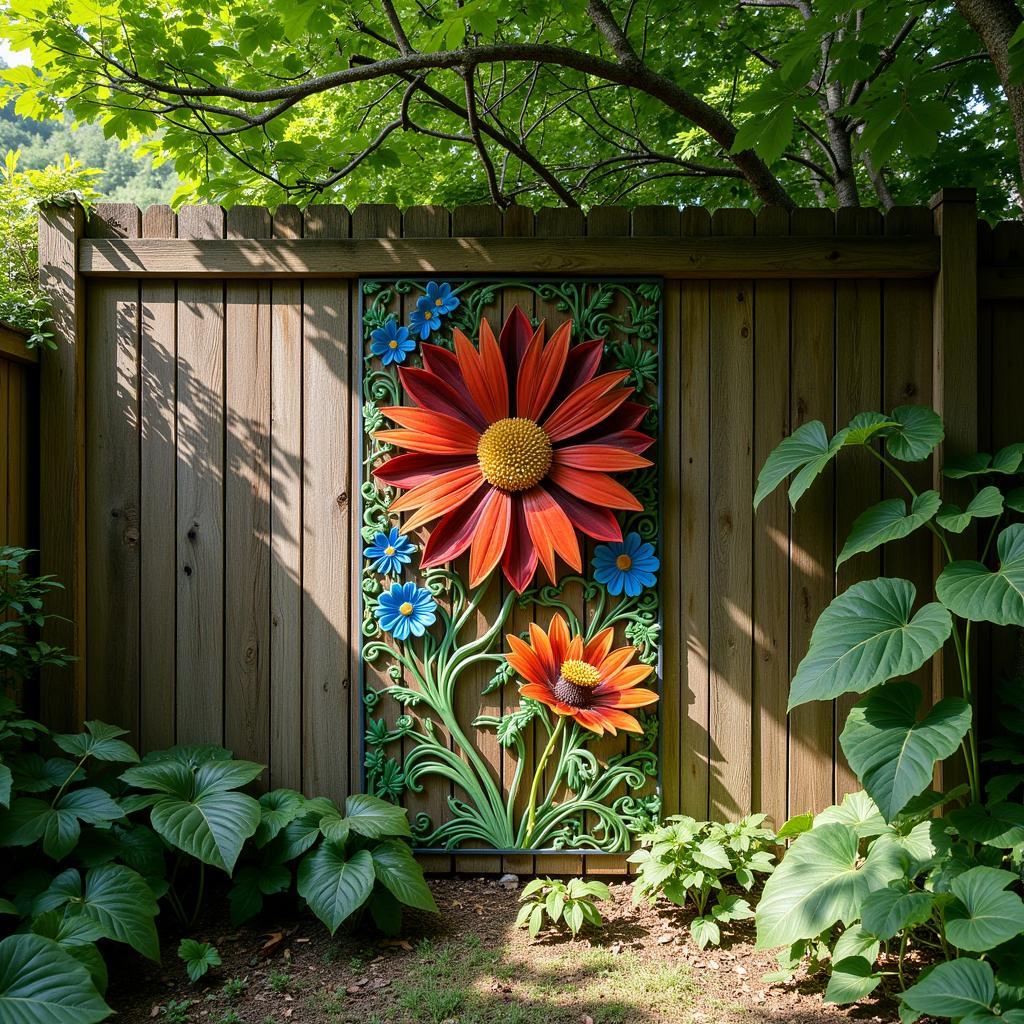 Large metal wall art in a garden setting