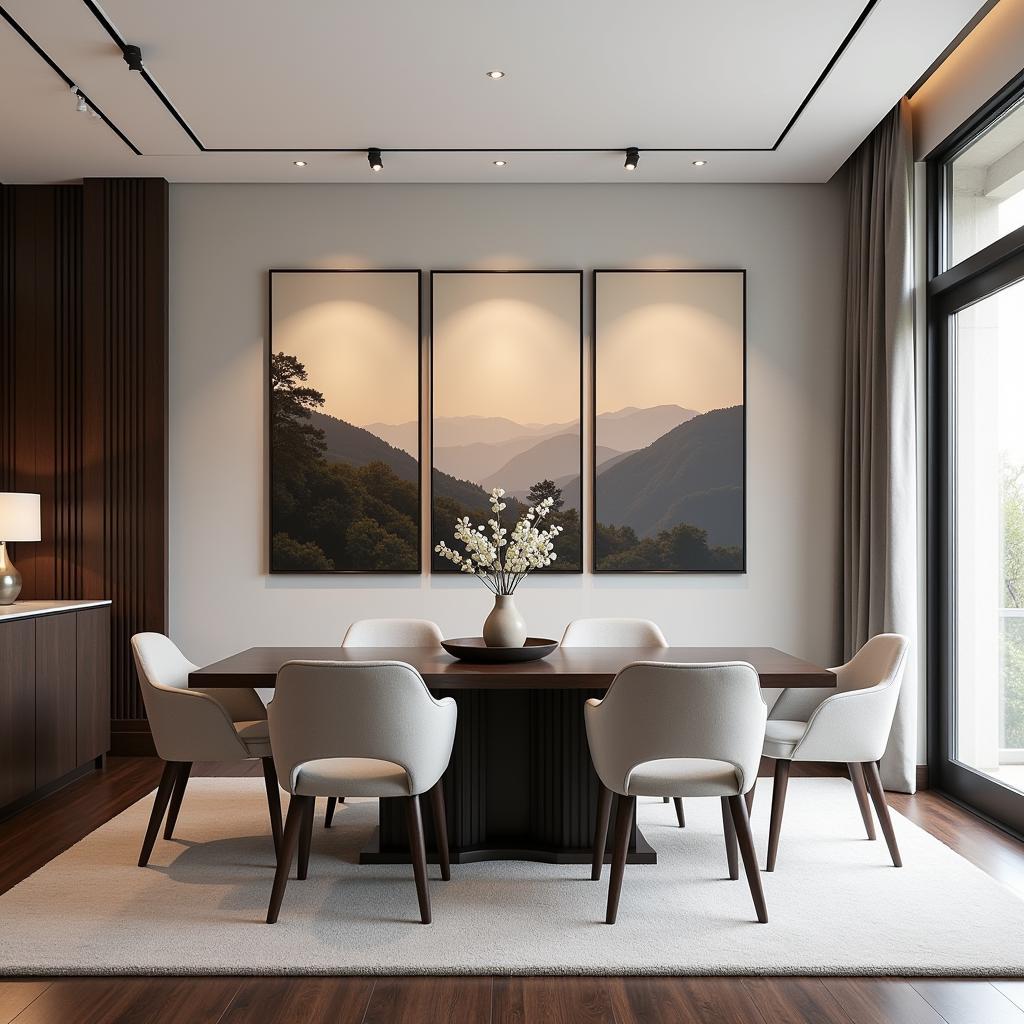 Large triptych wall art in a dining room