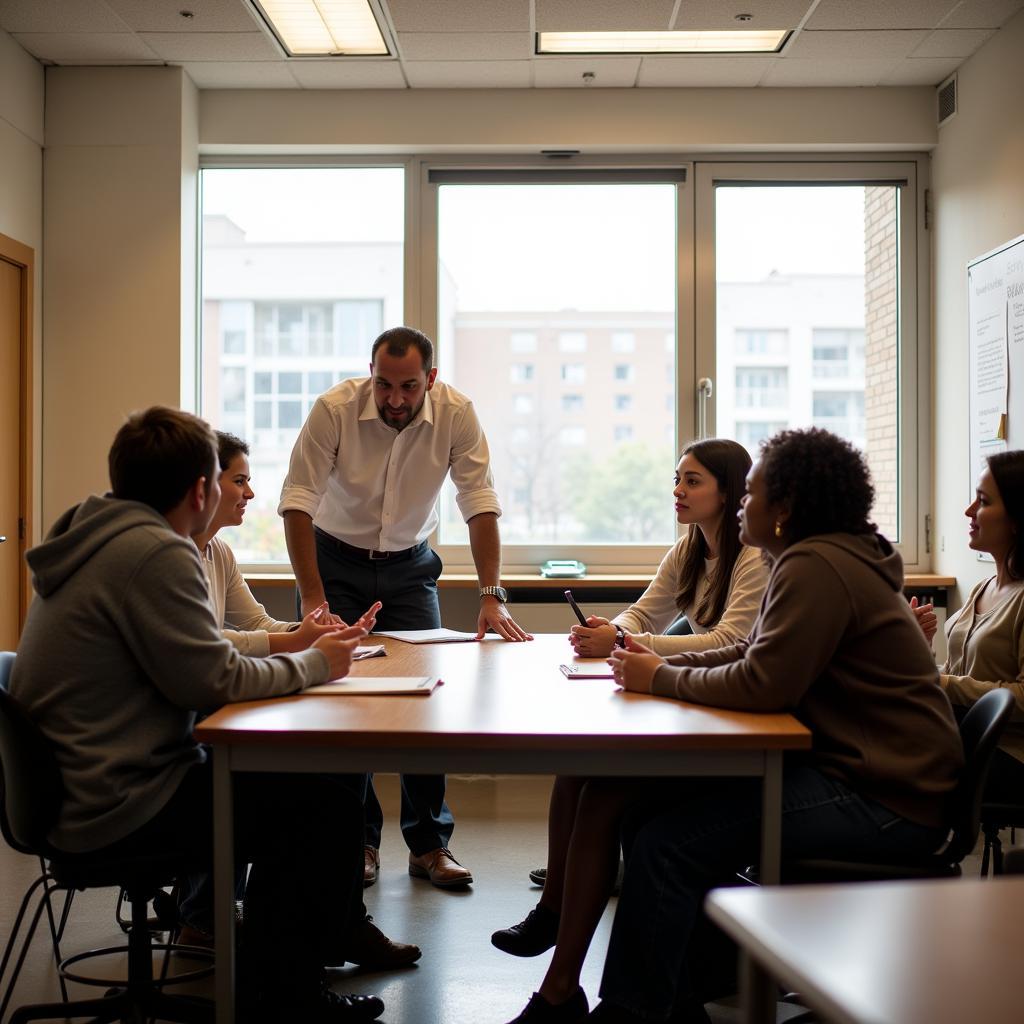 Students engaging in a lively discussion in a small liberal arts college classroom