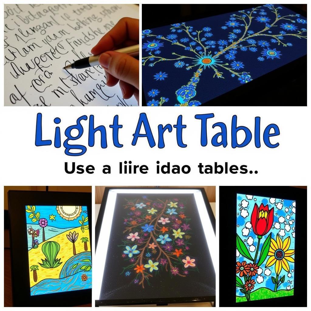 A collage showing diverse artistic creations made on a light art table, including calligraphy, stained glass art, and mixed media projects.