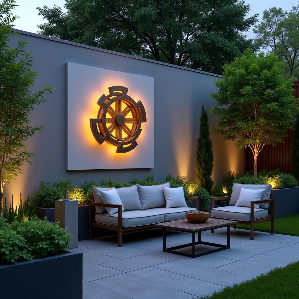 Modern garden with lighted outdoor wall art